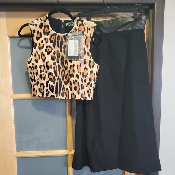 Nwt $3450 Calfhair Top With Zipped Attached Black Midi A-Line Skirt Dress